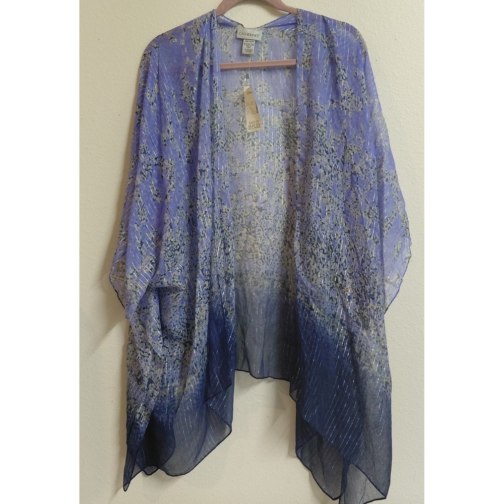 Catherines One Size Blue Ombre Sheer Kimono Ruana Metallic Stripe NWT